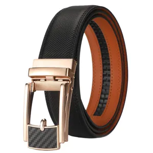 Men's leather automatic buckle belt with black grid pattern and golden metal finish