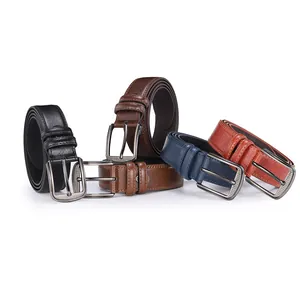 Detailed collection of men's leather belts featuring five colors and brushed metal buckles