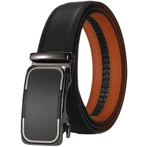 Men's blue genuine leather automatic belt with gunmetal buckle and textured pattern