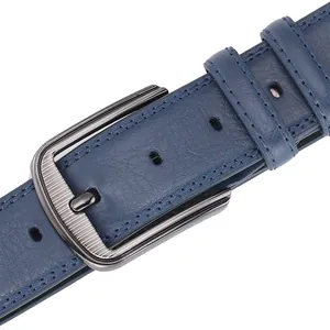 Men's navy blue leather belt with gunmetal pin buckle and stylish blue stitching