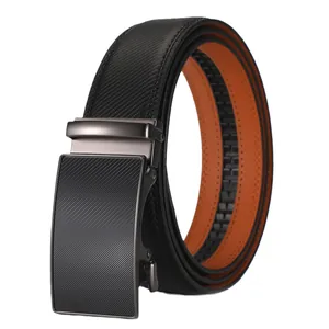 Men's leather belt with carbon fiber texture and adjustable automatic metal buckle