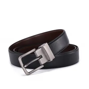 Reversible black and brown leather belt for men with rotatable gunmetal pin buckle