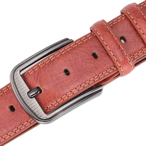 Men's reddish brown leather belt with brushed gunmetal pin buckle and stitched edges
