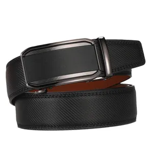 Men's black leather belt with textured strap and matte automatic buckle for business style