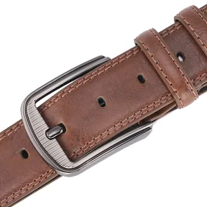 Classic men's brown leather belt with dark grey metal pin buckle and textured finish