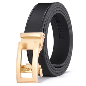 Detail view of black leather belt with gold brushed metal automatic buckle and track