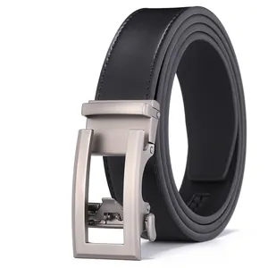 Detailed side view of black leather belt with brushed silver automatic buckle and stitching