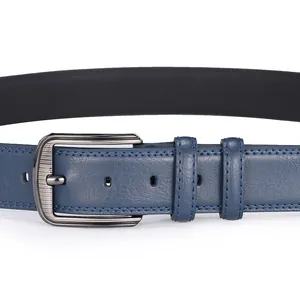 Macro detail of men's blue leather belt with gunmetal pin buckle and fine stitching