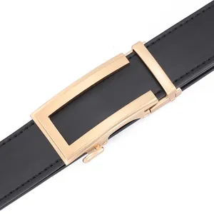 Men's leather belt with gold automatic buckle and professional stitching on white background