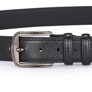 Detail view of men's leather belt with brushed gunmetal pin buckle and textured grain