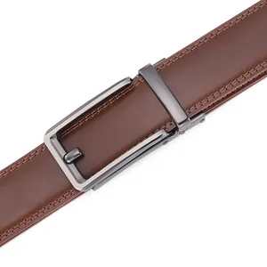 Men's dark brown leather belt with gunmetal automatic buckle and detailed stitching