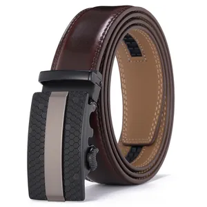 Men's dark brown leather belt with black honeycomb textured automatic metal buckle