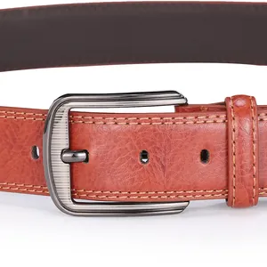 Detailed close-up of brown leather belt with metal pin buckle and double yellow stitching