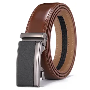 Classic brown leather belt for men with matte black automatic buckle and double stitching