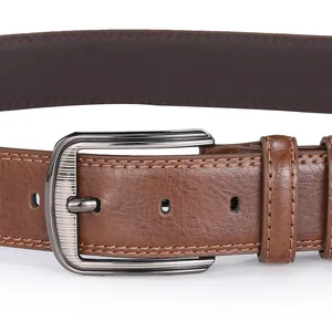 Close-up of brown leather belt with vintage texture and dark gunmetal needle buckle detail