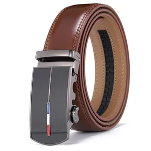Men's premium brown leather belt with automatic buckle and sporty tricolor stripe detail