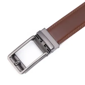 Detail of dark brown leather belt with gunmetal automatic slide buckle and fine stitching