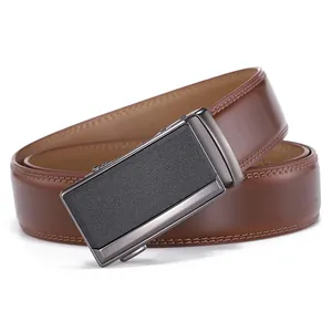 Brown leather men's belt with a sleek grey metal automatic buckle and textured inlay
