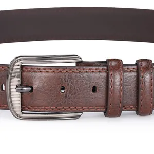 Macro view of brown leather belt with vintage texture and silver-gray metal needle buckle