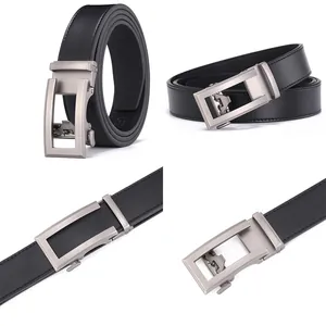 Detail of men's black leather belt featuring a silver brushed metal automatic buckle