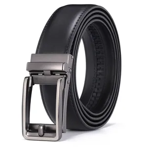 Men's black leather belt featuring a gunmetal brushed automatic ratchet buckle
