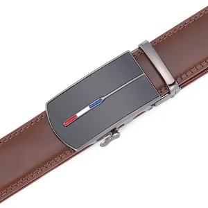 Detail of brown leather belt with gunmetal automatic buckle and tricolor stripe accent