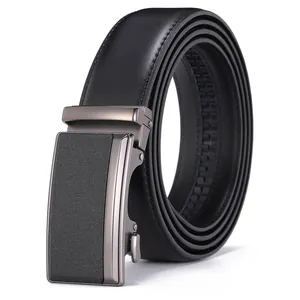 Men's premium black leather belt with matte gunmetal automatic buckle on white background