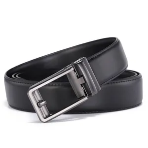 Classic black leather men's belt with a brushed gunmetal automatic buckle for business