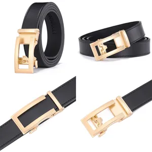 Men's black cowhide leather belt with a brushed gold automatic buckle in a four-view layout