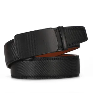Men's business leather belt with black matte automatic buckle and striped carbon fiber texture