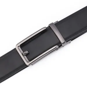 Detailed close-up of men's black leather belt with gunmetal alloy automatic buckle