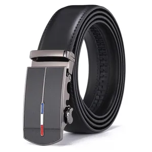 Men's premium black leather belt with automatic buckle featuring tri-color stripe detail
