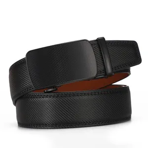 Detail of men's black leather belt with matte automatic buckle and textured strap surface
