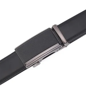 Detail of premium men's leather belt with black automatic metal buckle and fine stitching