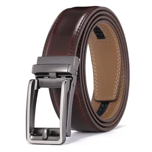 Men's premium dark brown leather belt with refined gunmetal automatic buckle on white background