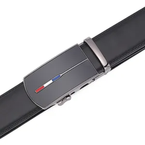 Detail of black leather belt for men featuring a matte grey buckle with tricolor stripes