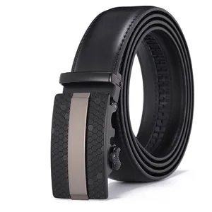 Men's black leather belt with automatic buckle featuring a honeycomb texture and metal strip