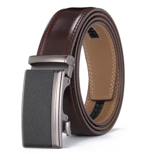 Ceinture homme en cuir de vachette marron avec boucle automatique gris mat