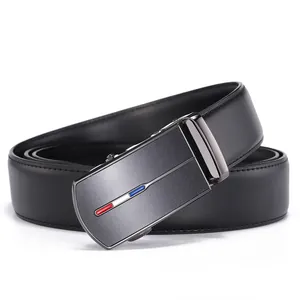 Premium black leather belt for men with a matte grey automatic buckle featuring stripes