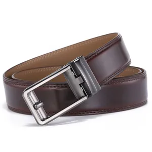 Detailed view of dark brown leather belt with gunmetal automatic buckle for men