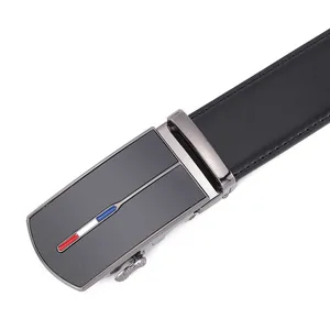 Detail of black leather belt featuring a matte gunmetal automatic buckle with tricolor stripes