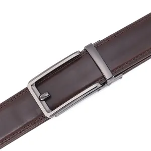 Detailed close-up of dark brown leather belt with brushed metal automatic buckle