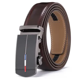 Men's dark brown leather belt with luxury automatic buckle and tricolor stripe detail