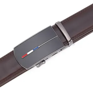 Detail of dark brown leather belt with matte grey automatic buckle and tricolor accent