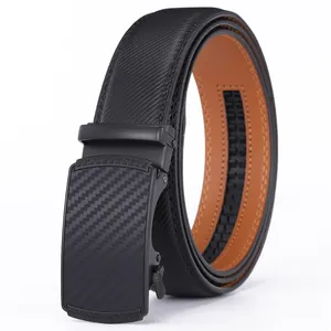 Men's 3.5cm automatic buckle leather belt with carbon fiber texture and Greek key pattern