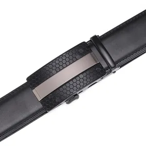 Men's minimalist black leather belt with premium honeycomb zinc alloy automatic buckle