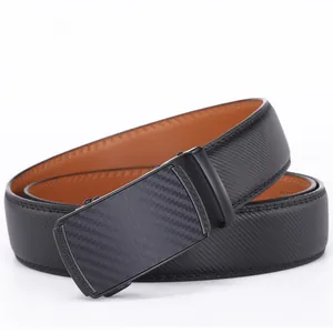 Blue business leather belt with black automatic buckle featuring carbon fiber texture