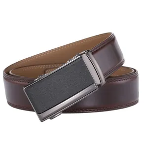 Men's premium dark brown leather belt with black textured automatic metal buckle