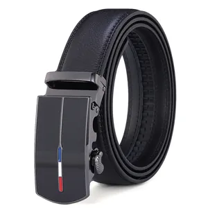 Detail of premium leather belt featuring a sleek black metal automatic buckle with stripes