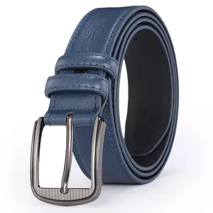 Detail of dark blue leather belt showing gunmetal buckle with vertical stripes